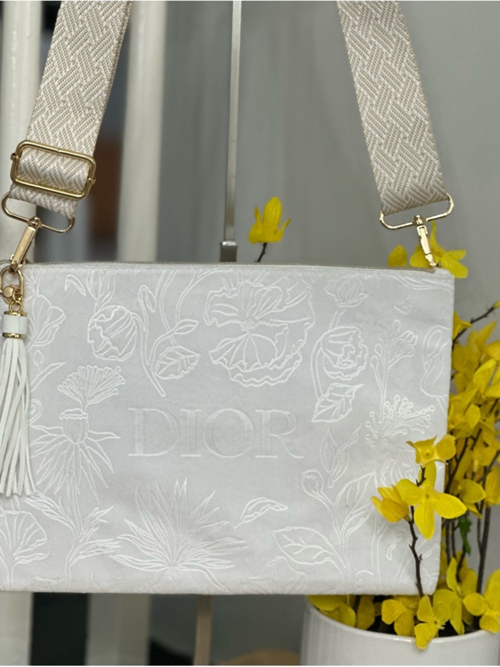 Dior White Embroidered floral velvet beauty bag